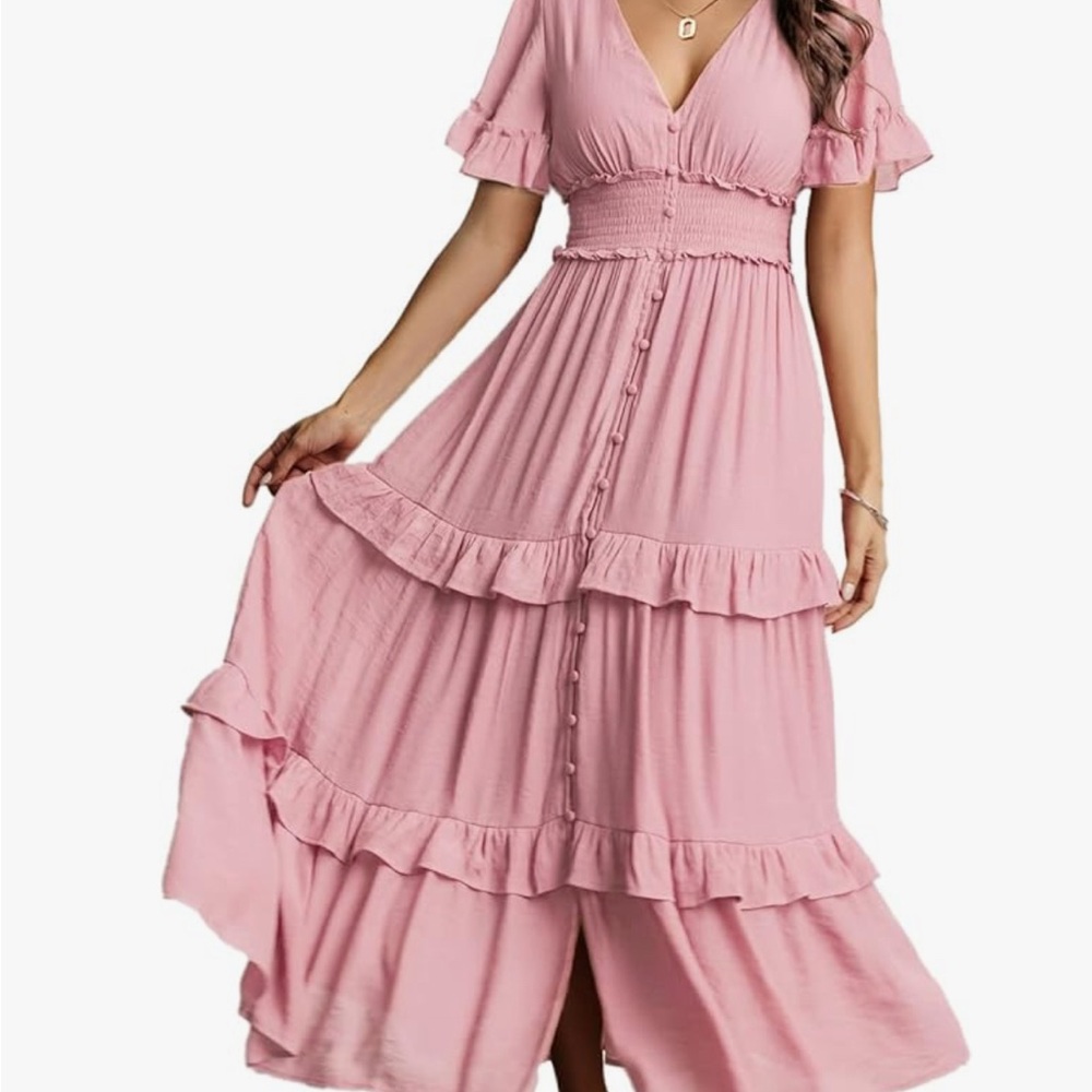 Ruffled Pink Maxi Dress – V-Neck, Elbow-Length Sleeves, Smocked Waist – Size XL
